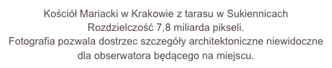 Kościół Mariacki w Krakowie z tarasu w Sukiennicach
Rozdzielczość 7,8 miliarda pikseli. 
Fotografia pozwala dostrzec szczegóły architektoniczne niewidoczne 
dla obserwatora będącego na miejscu.